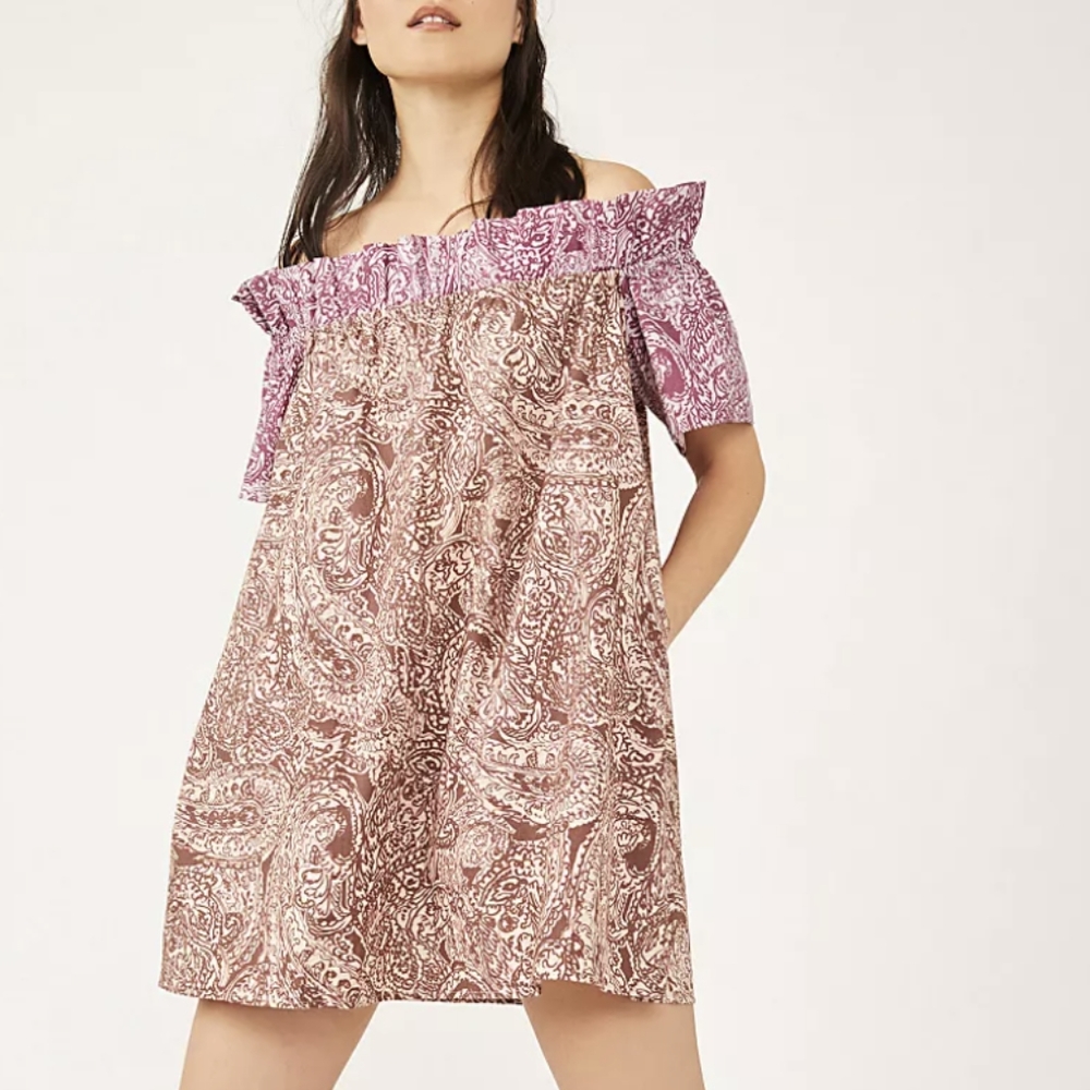 Free People Sophie Off Shoulder Printed Babydoll Dress Size Small